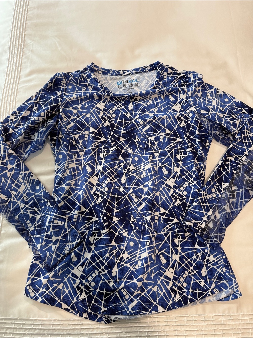 IBKUL Navy and White Long Sleeve Abstract Print Top